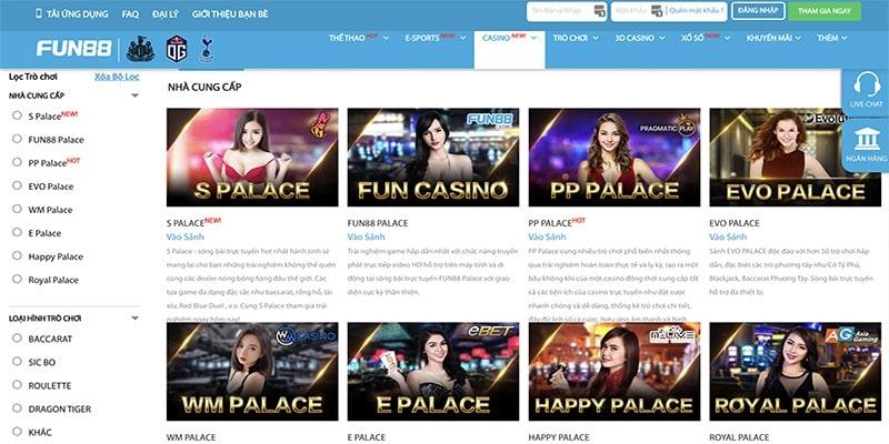 Giao diện bắt mắt trên casino online Fun88